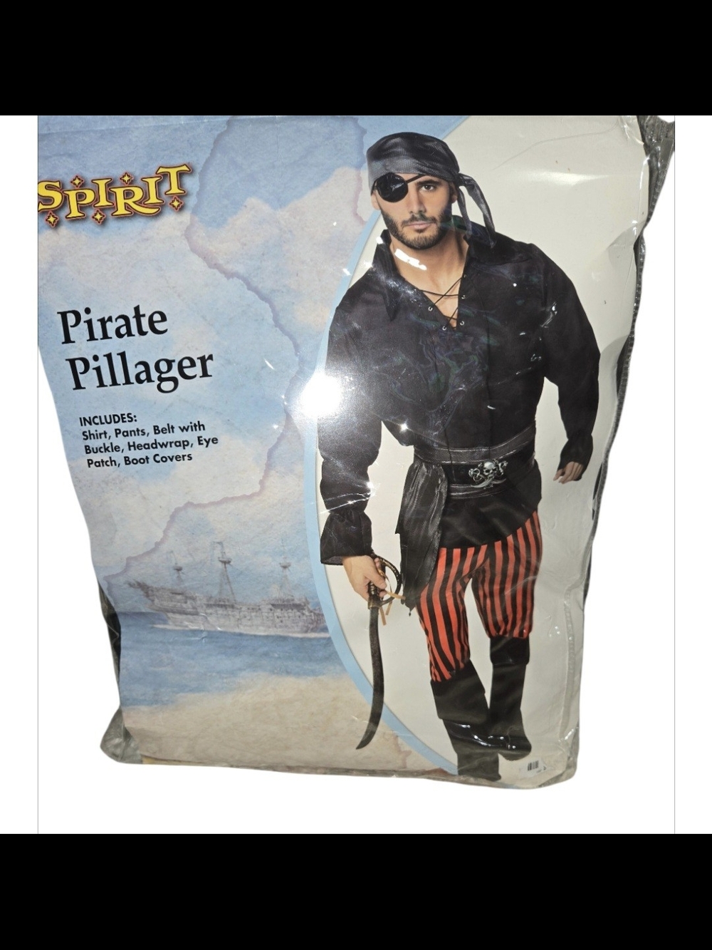 Spirit Men's Pirate Costume in Black with Red Striped Pants